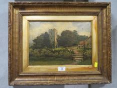 AN ANTIQUE GILT FRAMED OIL ON CANVAS OF A CHURCH AND HOUSE SCENE SIGNED LOWER RIGHT