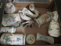 A TRAY OF JAPANESE STYLE FLORAL CERAMICS AND A DRAGON FIGURE