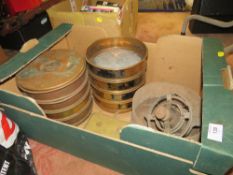 A TRAY OF VINTAGE COPPER LABORATORY TEST SIEVES ETC.