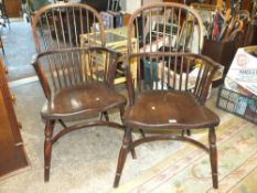 A PAIR OF REPRODUCTION HOOP BACK WINDSOR STYLE ARMCHAIRS