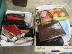 TWO TRAYS OF LADIES AND CHILDRENS VINTAGE FOOTWEAR, BAGS AND ACCESSORIES ETC