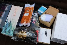 A MIXED CAGE TO INCLUDE ELECTRICALS GAMES, LIGHTING, SUNDRIES ETC