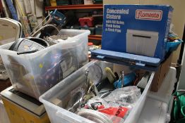 TWO BOXES OF MIXED TOOLS AND PARTS TO INCLUDE A CONCEALED CISTERN ETC