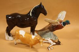 A BESWICK SHIRE MARE TOGETHER WITH THREE OTHER BESWICK FIGURES A/F