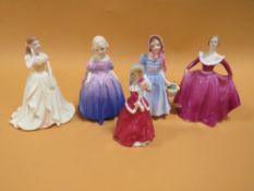 A COLLECTION OF FIVE SMALL ROYAL DOULTON AND COALPORT FIGURINES TO INCLUDE MARIE HN 1370,