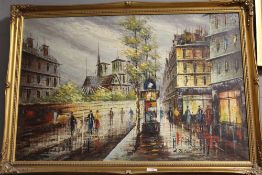 A LARGE GILT FRAMED OIL ON CANVAS DEPICTING A STREET SCENE WITH FIGURES SIGNED D FEATHER
