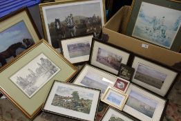 A BOX OF ASSORTED PICTURES AND PRINTS TO INCLUDE HORSE RACING PRINTS, SIGNED LIMITED EDITION HUNTING