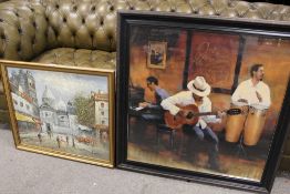 A GILT FRAMED OIL ON CANVAS SIGNED BURNETT, TOGETHER WITH A LARGE BAND SCENE PRINT