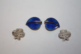 A PAIR OF NORWEGIAN STERLING SILVER AND ENAMEL CLIP ON EARRINGS TOGETHER WITH ANOTHER PAIR OF CLIP