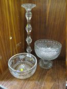 A ROYAL BRIERLEY CRYSTAL FRUIT BOWL, TOGETHER WITH A TALL GLASS CANDLESTICK AND A FOOTED CUT GLASS