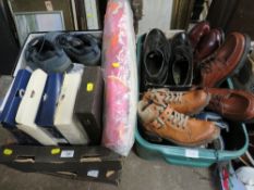 TWO TRAYS AND A BOX OF MODERN AND VINTAGE FOOTWEAR AND BAGS ETC, TO INC NEW AND BOXED GENTS