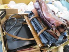 A TRAY OF LADIES LEATHER HANDBAGS ETC.