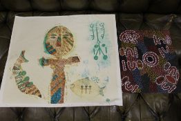 AN ABORIGINAL STYLE UNFRAMED PRINT TOGETHER WITH A SIMILAR OIL ON BOARD (INFORMATION VERSO)