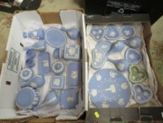 TWO BOXES OF MOSTLY BLUE WEDGWOOD JASPERWARE TO INCLUDE A CABINET PLATE
