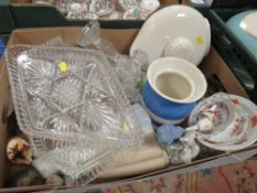 A TRAY OF ASSORTED CERAMICS AND GLASSWARE TO INCLUDE CERAMIC FIGURES, ROYAL DOULTON HOT WATER
