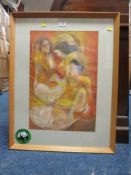 A FRAMED AND GLAZED ABSTRACT MIXED MEDIA PICTURE OF THREE FEMALE FIGURES SIGNED 'ZAINAB' 72