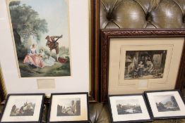 TWO FRAMED AND GLAZED BAXTER PRINTS TOGETHER WITH A SET OF FOUR SMALL ANTIQUE PRINTS