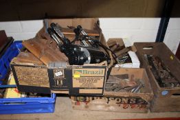 FOUR TRAYS OF TOOLS ETC TO INC VINTAGE PLANES, STUART TURNER SHOWER MATE ETC