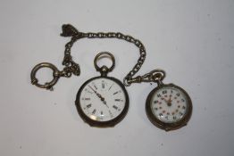 TWO ANTIQUE SILVER POCKET WATCHES, ONE ON CHAIN