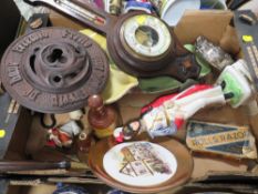 A TRAY OF COLLECTABLES TO INCLUDE AN OAK WALL BAROMETER, FIGURATIVE CERAMIC WHISKY BOTTLE ETC.
