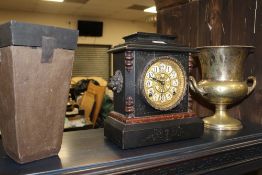 A VINTAGE WOODEN MANTLE CLOCK, CAMPANULA URN COOLER ETC
