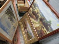 A VINTAGE GILT FRAMED OIL ON CANVAS DEPICTING A MAN FISHING IN A COUNTRY RIVER TOGETHER WITH A