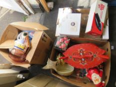 THREE BOXES OF ASSORTED HOUSEHOLD SUNDRIES TO INCLUDE A PAINTED TWIN HANDLED BOX, BOXED RADIO ETC.