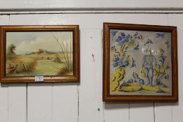 TWO FRAMED HAND PAINTED PORCELAIN TILES