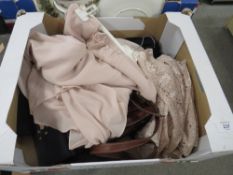 A BOX OF LADIES CLOTHING AND ACCESSORIES TO INCLUDE A RADLEY PURSE