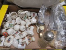 A TRAY OF CRESTEDWARE, NORITAKE CRUET SET, FLATWARE ETC.