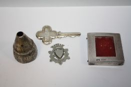 A HALLMARKED SILVER MINIATURE PICTURE FRAME, CEREMONIAL KEY ETC
