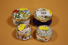 FOUR ENAMEL PILL BOXES TO INCLUDE TWO HALCYON DAYS EXAMPLES