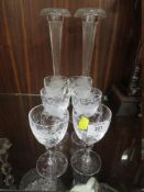 A SET OF SIX ROYAL BRIERLEY FLORALLY ETCHED DRINKING GLASSES, TOGETHER WITH A PAIR OF TALL VINTAGE