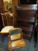 A SMALL OAK OPEN BOOKCASE W 46 CM, AN EDWARDIAN CHAIR & A DRESSING MIRROR (3)