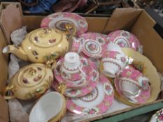 A TRAY OF ROYAL ALBERT LADY CARLYLE CHINA AND AYNSLEY ORCHARD GOLD TEA SERVICE ETC.