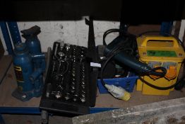 A TRANSFORMER, DRILL, TWO BOTTLE JACKS, CASED SOCKET SET ETC