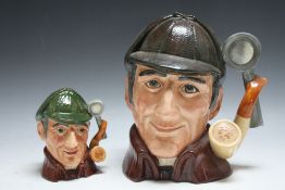 ROYAL DOULTON CHARACTER JUGS - THE SLEUTH D6631 AND D6635, tallest H20.5 cm and having a brown hat