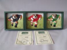 THREE BOXED ROBERT HARROP DOG COLLECTORS CLUB BULLDOG RUGBY PLAQUES, comprising Wales, Scotland and