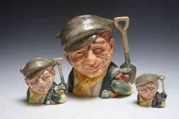THREE GRADUATING ROYAL DOULTON CHARACTER JUGS - THE GARDENER, consisting of small D6638, medium D66