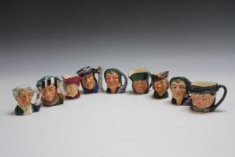 NINE ASSORTED SMALL ROYAL DOULTON CHARACTER JUGS, to include The Falconer, H 7 cm