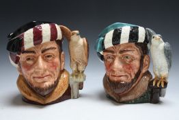 TWO ROYAL DOULTON CHARACTER JUGS - THE FALCONER, consisting of red D6800 and green D6633, H 19 cm<