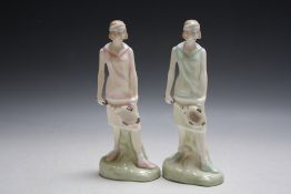 TWO VERSIONS OF ROYAL DOULTON FIGURE EMILY HN3808, one in pink and one in green, H 23.5 cm