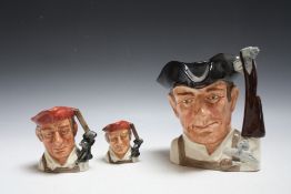 THREE ROYAL DOULTON CHARACTER JUGS FROM WILLIAMSBURG - GUNSMITH D6573, H 18.5 cm, together with sma