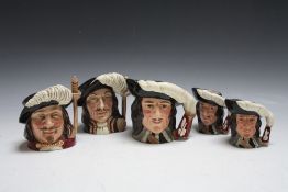 FIVE ROYAL DOULTON MUSKETEER CHARACTER JUGS, consisting of medium Athos dated 1955 with no D number
