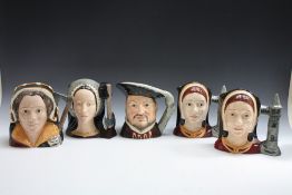 FIVE ROYAL DOULTON CHARACTER JUGS, consisting of King Henry VIII D6642, two Catherine of Aragon D 6