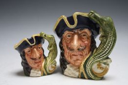 TWO ROYAL DOULTON CHARACTER JUGS - CAPTAIN HOOK, consisting of small D6605 and medium D6601, H 10.5