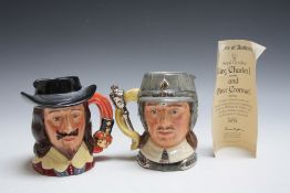 A PAIR OF LIMITED EDITION ROYAL DOULTON CHARACTER JUGS - KING CHARLES I D6985 AND OLIVER CROMWELL D