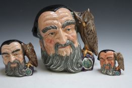 THREE GRADUATING ROYAL DOULTON CHARACTER JUGS - MERLIN, consisting of small D6549, medium D6536 and