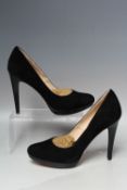 A PAIR OF COLE & HAAN STILLETO PLATFORM SHOES, black suede finish, US size 9B, dust bags, S/