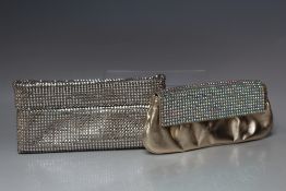 A GINA GOLD LEATHER CLUTCH EVENING BAG, with fold over panel set with Aurora Borealis rhinestone